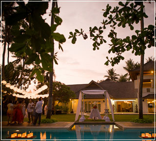 Sunset time Wedding party in villa by the beach