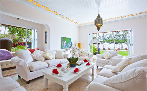 Living room overlooking the ocean and garden